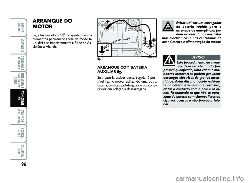 Abarth 500 2012  Manual de Uso e Manutenção (in Portuguese) ARRANQUE COM BATERIA
AUXILIAR fig. 1
Se a bateria estiver descarregada, é pos-
sível ligar o motor utilizando uma outra
bateria, com capacidade igual ou pouco su-
perior em relação à descarregada