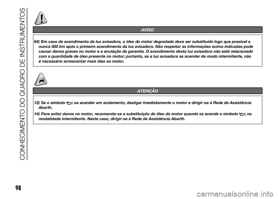 Abarth 500 2015  Manual de Uso e Manutenção (in Portuguese) AVISO
64) Em caso de acendimento da luz avisadora, o óleo do motor degradado deve ser substituído logo que possível e
nunca 500 km após o primeiro acendimento da luz avisadora. Não respeitar as i