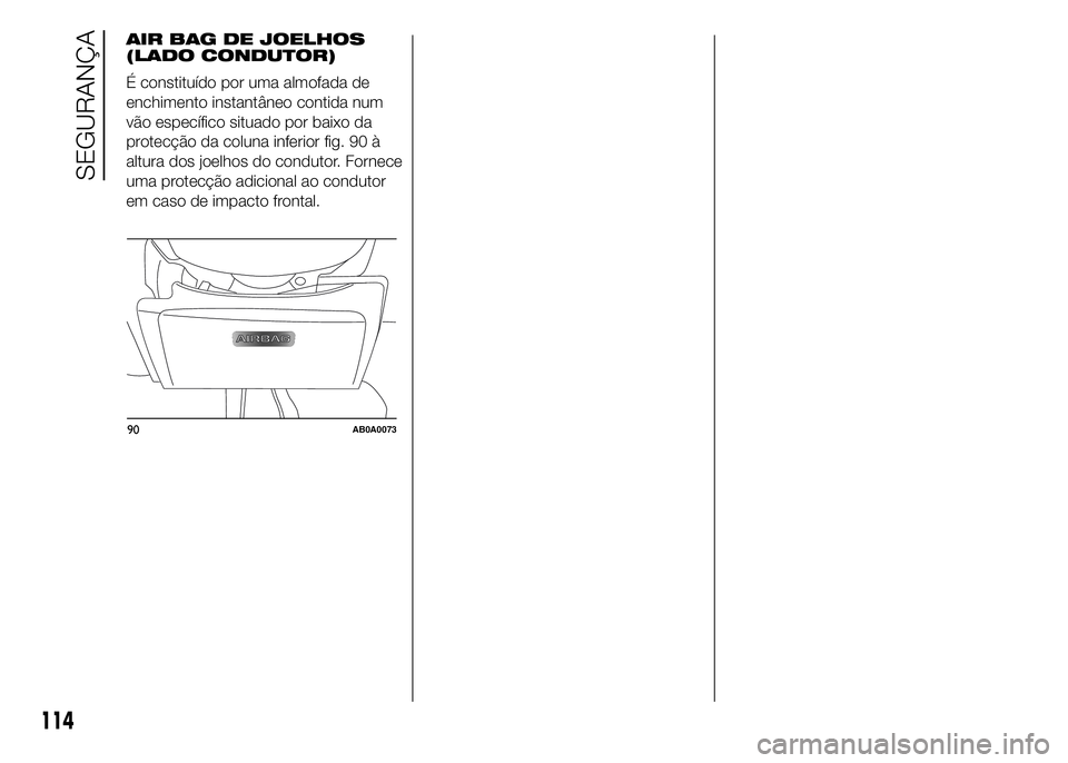 Abarth 500 2015  Manual de Uso e Manutenção (in Portuguese) 90AB0A0073
114
SEGURANÇA
AIR BAG DE JOELHOS
(LADO CONDUTOR)
É constituído por uma almofada de
enchimento instantâneo contida num
vão específico situado por baixo da
protecção da coluna inferio