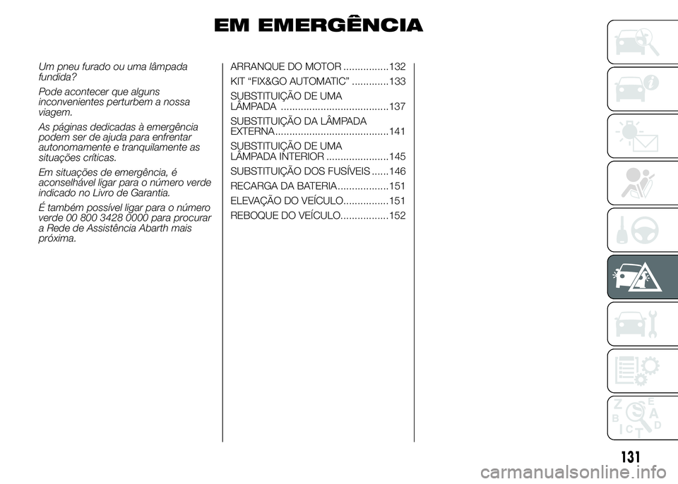 Abarth 500 2015  Manual de Uso e Manutenção (in Portuguese) EM EMERGÊNCIA
Um pneu furado ou uma lâmpada
fundida?
Pode acontecer que alguns
inconvenientes perturbem a nossa
viagem.
As páginas dedicadas à emergência
podem ser de ajuda para enfrentar
autonom