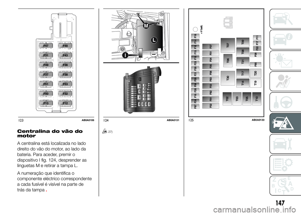 Abarth 500 2015  Manual de Uso e Manutenção (in Portuguese) Centralina do vão do
motor
A centralina está localizada no lado
direito do vão do motor, ao lado da
bateria. Para aceder, premir o
dispositivo I fig. 124, desprender as
linguetas M e retirar a tamp