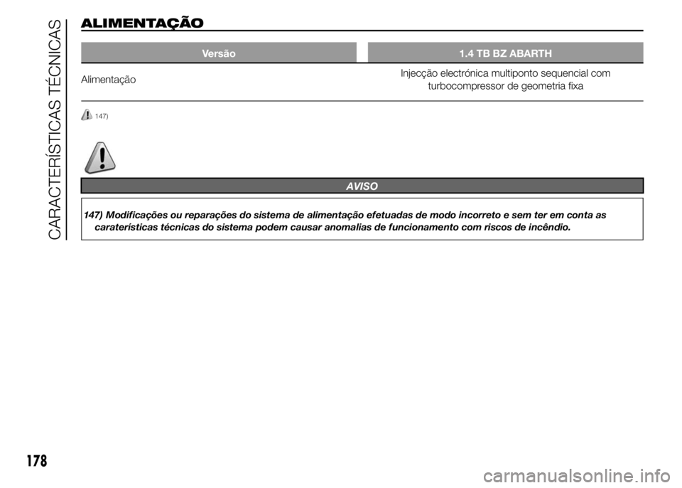 Abarth 500 2015  Manual de Uso e Manutenção (in Portuguese) ALIMENTAÇÃO
Versão 1.4 TB BZ ABARTH
AlimentaçãoInjecção electrónica multiponto sequencial com
turbocompressor de geometria fixa
147)
AVISO
147) Modificações ou reparações do sistema de ali