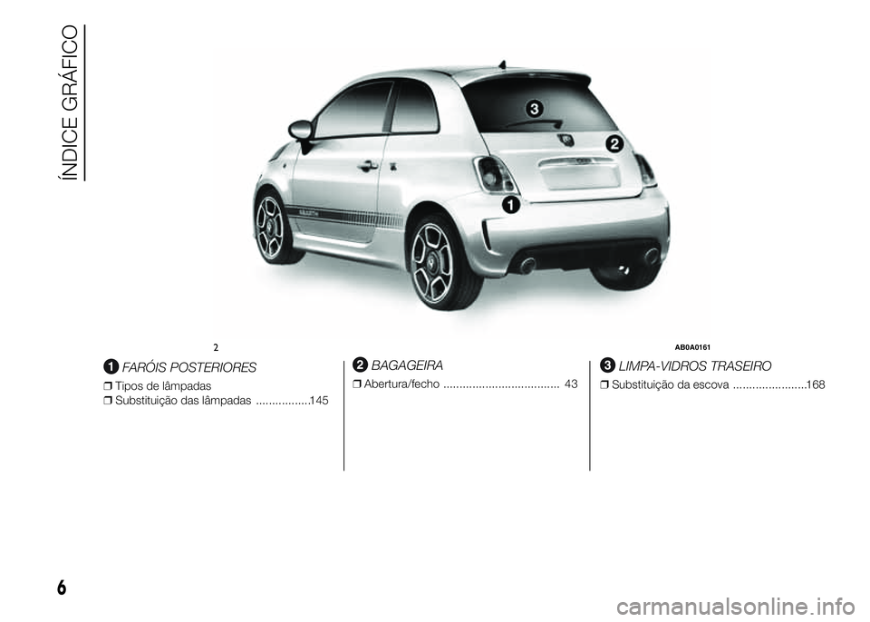 Abarth 500 2015  Manual de Uso e Manutenção (in Portuguese) .
FARÓIS POSTERIORES
❒Tipos de lâmpadas
❒Substituição das lâmpadas .................145
BAGAGEIRA
❒Abertura/fecho .................................... 43
LIMPA-VIDROS TRASEIRO
❒Substitui