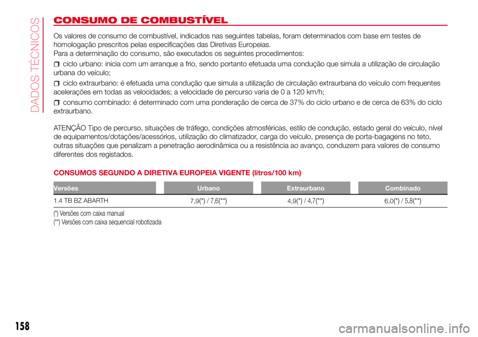 Abarth 500 2017  Manual de Uso e Manutenção (in Portuguese) CONSUMO DE COMBUSTÍVEL
Os valores de consumo de combustível, indicados nas seguintes tabelas, foram determinados com base em testes de
homologação prescritos pelas especificações das Diretivas E