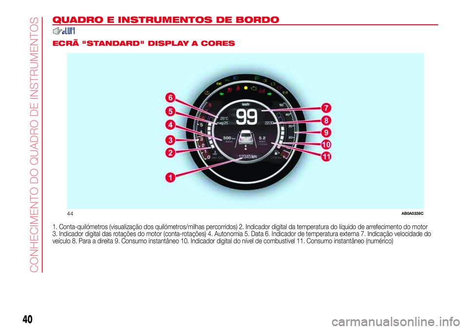 Abarth 500 2017  Manual de Uso e Manutenção (in Portuguese) QUADRO E INSTRUMENTOS DE BORDO
.
ECRÃ "STANDARD" DISPLAY A CORES
1. Conta-quilómetros (visualização dos quilómetros/milhas percorridos) 2. Indicador digital da temperatura do líquido de 