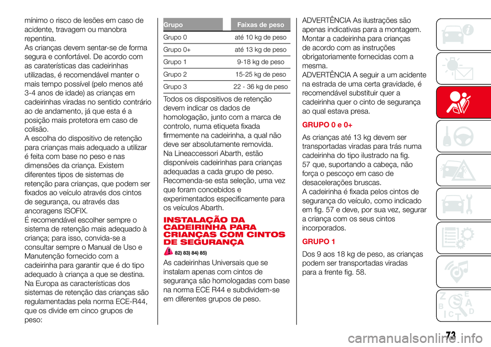 Abarth 500 2017  Manual de Uso e Manutenção (in Portuguese) mínimo o risco de lesões em caso de
acidente, travagem ou manobra
repentina.
As crianças devem sentar-se de forma
segura e confortável. De acordo com
as caraterísticas das cadeirinhas
utilizadas,
