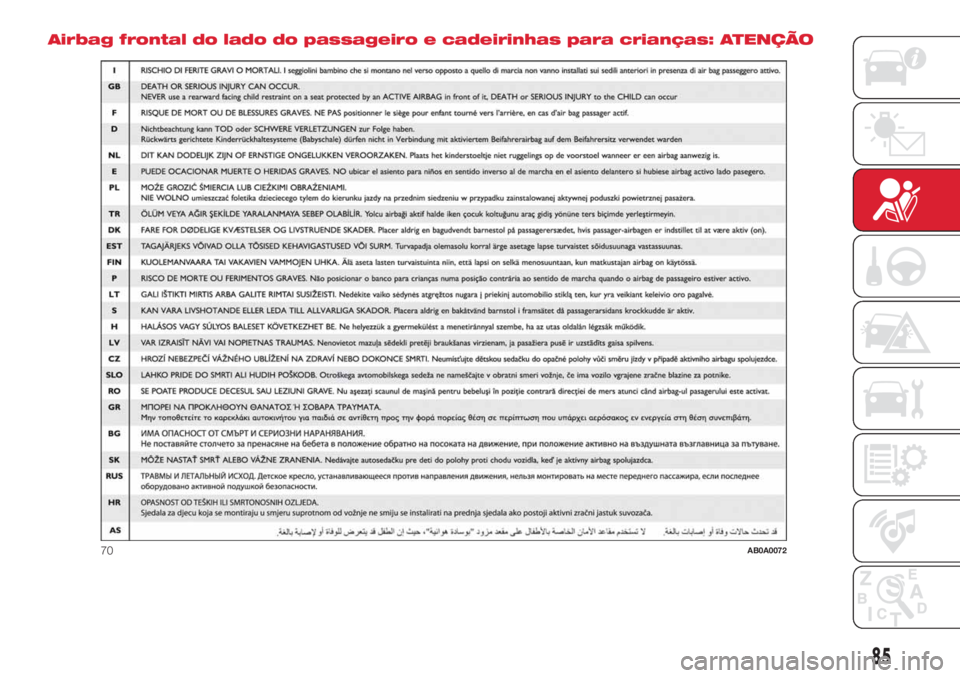 Abarth 500 2018  Manual de Uso e Manutenção (in Portuguese) Airbag frontal do lado do passageiro e cadeirinhas para crianças: ATENÇÃO
70AB0A0072
85 