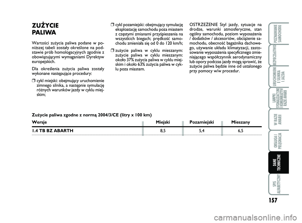 Abarth 500 2008 Instrukcja obsługi (in Polish) 157
BEZPIECZEńST
WO
SPIS
ALFABETYCZNY
POZNAWANIE
SAMOCHODU
URUCHOMIENI
E SILNIKA
I JAZDA
LAMPKI
SYGNALIZACYJNE
I KOMUNIKATYW
RAZIE AWARII
W RAZIE
AWARII
OBSŁUGA I
PIELĘGNACJA
DANE
TECHNICZNE
Abarth 500 2008 Instrukcja obsługi (in Polish) 157
BEZPIECZEńST
WO
SPIS
ALFABETYCZNY
POZNAWANIE
SAMOCHODU
URUCHOMIENI
E SILNIKA
I JAZDA
LAMPKI
SYGNALIZACYJNE
I KOMUNIKATYW
RAZIE AWARII
W RAZIE
AWARII
OBSŁUGA I
PIELĘGNACJA
DANE
TECHNICZNE