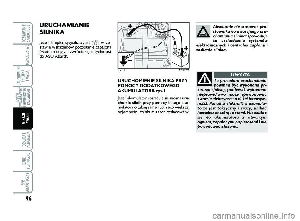 Abarth 500 2008  Instrukcja obsługi (in Polish) 96
BEZPIECZEńST
WO
OBSŁUGA I
PIELĘGNACJA 
DANE
TECHNICZNE
SPIS
ALFABETYCZNY
POZNAWANIE
SAMOCHODU
URUCHOMIENI
E SILNIKA 
I JAZDA
LAMPKI
SYGNALIZACYJNE 
I KOMUNIKATYW
RAZIE AWARII
W RAZIE 
AWARII
URU