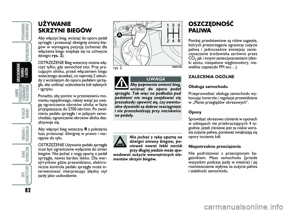 Abarth 500 2012  Instrukcja obsługi (in Polish) 82
LAMPKI
SYGNALIZACYJNE
I KOMUNIKATY W RAZIE AWARII
W RAZIE 
AWARII
OBSŁUGA I
PIELĘGNACJA 
DANE
TECHNICZNE
SPIS
ALFABETYCZNY
POZNAWANIE
SAMOCHODU
BEZPIECZEŃSTWO
URUCHOMIENIE
SILNIKA 
I JAZDA
UŻYW