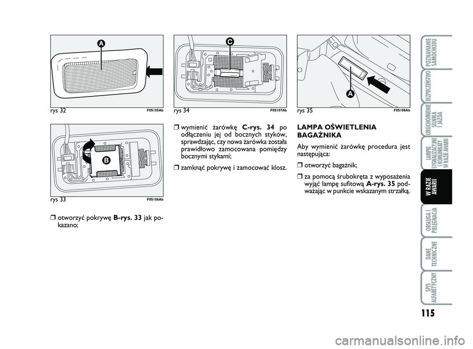 Abarth 500 2014  Instrukcja obsługi (in Polish) 115
OBSŁUGA I
PIELĘGNACJA 
DANE
TECHNICZNE
SPIS
ALFABETYCZNY
POZNAWANIE
SAMOCHODU
BEZPIECZEŃSTWO
URUCHOMIENIE
SILNIKA 
I JAZDA
LAMPKI 
SYGNALIZACYJNE
I KOMUNIKATY
W RAZIE AWARII
W RAZIE
AWARII
❒o