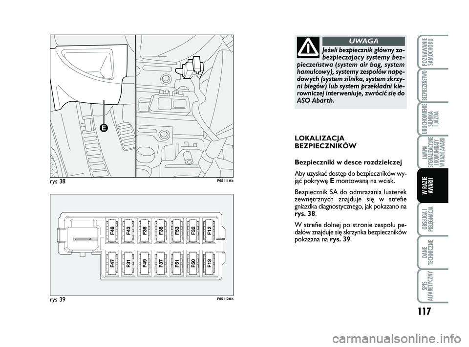 Abarth 500 2014  Instrukcja obsługi (in Polish) 117
OBSŁUGA I
PIELĘGNACJA 
DANE
TECHNICZNE
SPIS
ALFABETYCZNY
POZNAWANIE
SAMOCHODU
BEZPIECZEŃSTWO
URUCHOMIENIE
SILNIKA 
I JAZDA
LAMPKI 
SYGNALIZACYJNE
I KOMUNIKATY
W RAZIE AWARII
W RAZIE
AWARII
LOKA