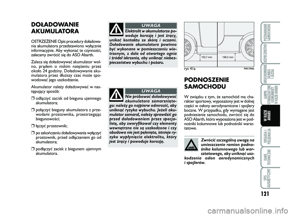 Abarth 500 2014  Instrukcja obsługi (in Polish) 121
OBSŁUGA I
PIELĘGNACJA 
DANE
TECHNICZNE
SPIS
ALFABETYCZNY
POZNAWANIE
SAMOCHODU
BEZPIECZEŃSTWO
URUCHOMIENIE
SILNIKA 
I JAZDA
LAMPKI 
SYGNALIZACYJNE
I KOMUNIKATY
W RAZIE AWARII
W RAZIE
AWARII
DOŁ