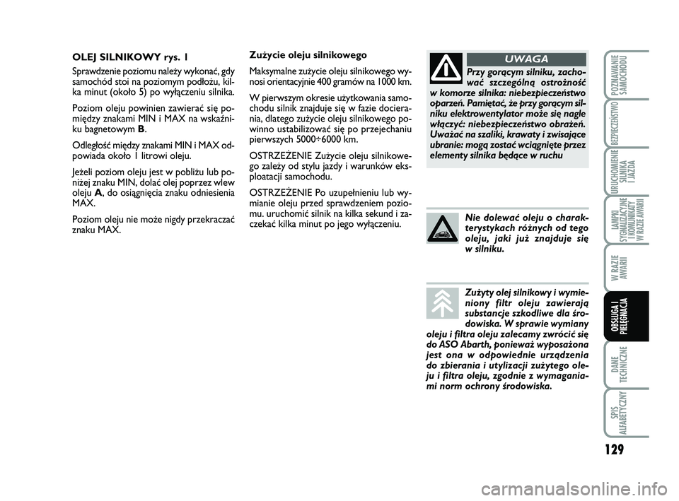 Abarth 500 2014  Instrukcja obsługi (in Polish) 129
DANE
TECHNICZNE
SPIS
ALFABETYCZNY
POZNAWANIE
SAMOCHODU
BEZPIECZEŃSTWO
URUCHOMIENIE
SILNIKA 
I JAZDA
LAMPKI 
SYGNALIZACYJNE
I KOMUNIKATY
W RAZIE AWARII
W RAZIE
AWARII
OBSŁUGA I
PIELĘGNACJA 
Zu˝