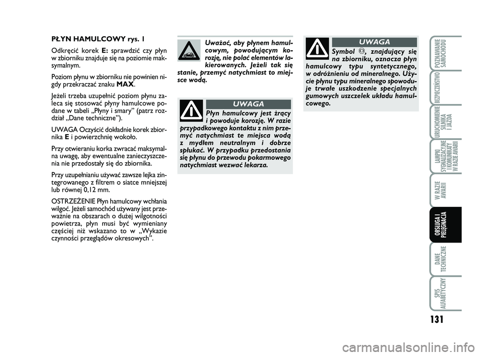 Abarth 500 2014  Instrukcja obsługi (in Polish) 131
DANE
TECHNICZNE
SPIS
ALFABETYCZNY
POZNAWANIE
SAMOCHODU
BEZPIECZEŃSTWO
URUCHOMIENIE
SILNIKA 
I JAZDA
LAMPKI 
SYGNALIZACYJNE
I KOMUNIKATY
W RAZIE AWARII
W RAZIE
AWARII
OBSŁUGA I
PIELĘGNACJA 
P¸Y