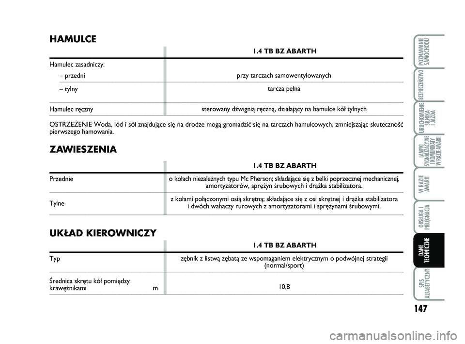 Abarth 500 2014  Instrukcja obsługi (in Polish) 147
SPIS
ALFABETYCZNY
POZNAWANIE
SAMOCHODU
BEZPIECZEŃSTWO
URUCHOMIENIE
SILNIKA 
I JAZDA
LAMPKI 
SYGNALIZACYJNE
I KOMUNIKATY
W RAZIE AWARII
W RAZIE
AWARII
OBSŁUGA I
PIELĘGNACJA 
DANE
TECHNICZNE
ZAWI
