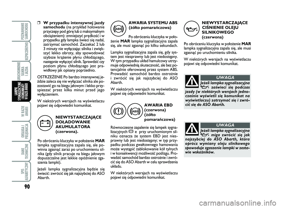 Abarth 500 2014 Instrukcja obsługi (in Polish) 90
W RAZIE
AWARII
OBSŁUGA I
PIELĘGNACJA
DANE
TECHNICZNE
SPIS
ALFABETYCZNY
POZNAWANIE
SAMOCHODU
BEZPIECZEŃSTWO
URUCHOMIENIE
SILNIKA
I JAZDA
LAMPKI
SYGNALIZACYJNE
I KOMUNIKATY W RAZIE AWARII
❒W Abarth 500 2014 Instrukcja obsługi (in Polish) 90
W RAZIE
AWARII
OBSŁUGA I
PIELĘGNACJA
DANE
TECHNICZNE
SPIS
ALFABETYCZNY
POZNAWANIE
SAMOCHODU
BEZPIECZEŃSTWO
URUCHOMIENIE
SILNIKA
I JAZDA
LAMPKI
SYGNALIZACYJNE
I KOMUNIKATY W RAZIE AWARII
❒W