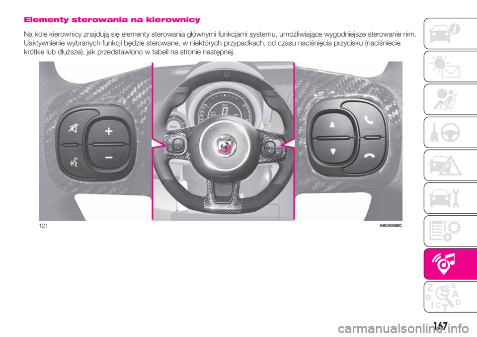 Abarth 500 2020  Instrukcja obsługi (in Polish) Elementy sterowania na kierownicy
Na kole kierownicy znajdują się elementy sterowania głównymi funkcjami systemu, umożliwiające wygodniejsze sterowanie nim.
Uaktywnienie wybranych funkcji będzi
