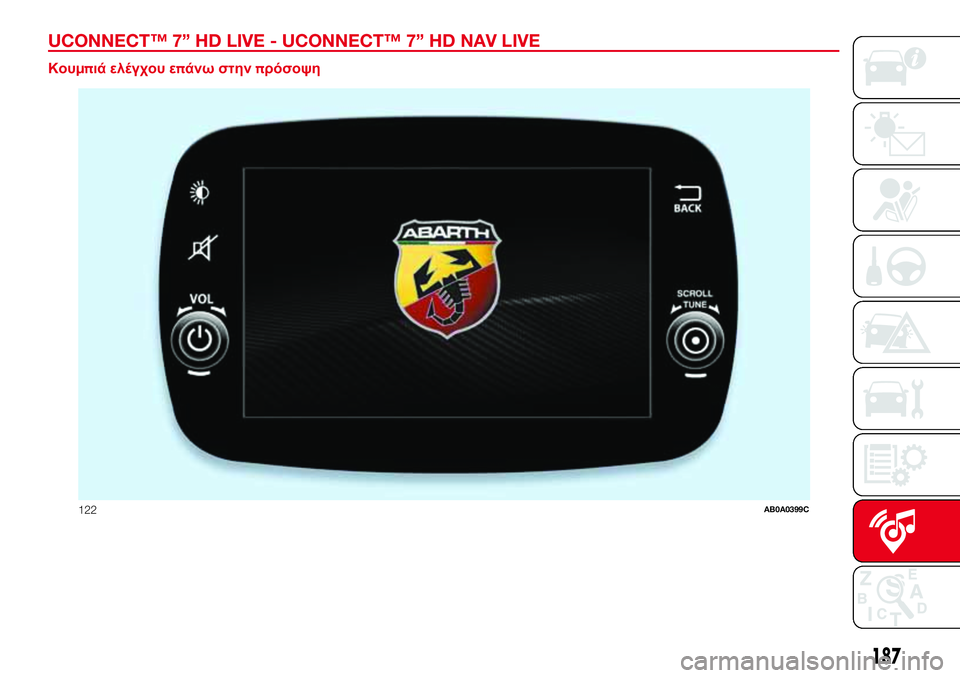 Abarth 500 2017  ΒΙΒΛΙΟ ΧΡΗΣΗΣ ΚΑΙ ΣΥΝΤΗΡΗΣΗΣ (in Greek) UCONNECT™ 7” HD LIVE - UCONNECT™ 7” HD NAV LIVE.
Κουμπιά ελέγχου επάνω στηνπρόσοψη
122AB0A0399C
187 