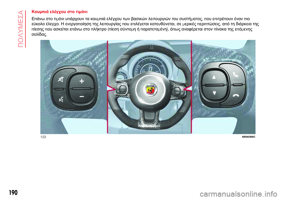 Abarth 500 2017  ΒΙΒΛΙΟ ΧΡΗΣΗΣ ΚΑΙ ΣΥΝΤΗΡΗΣΗΣ (in Greek) Κουμπιά ελέγχου στο τιμόνι
Επάνω στο τιμόνι υπάρχουν τα κουμπιά ελέγχου των βασικών λειτουργιών του συστήμα