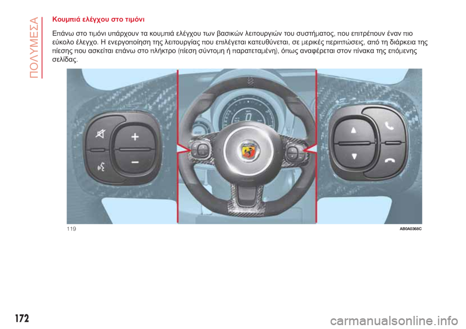 Abarth 500 2018  ΒΙΒΛΙΟ ΧΡΗΣΗΣ ΚΑΙ ΣΥΝΤΗΡΗΣΗΣ (in Greek) Κουμπιά ελέγχου στο τιμόνι
Επάνω στο τιμόνι υπάρχουν τα κουμπιά ελέγχου των βασικών λειτουργιών του συστήμα