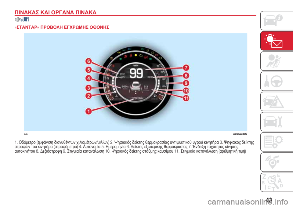 Abarth 500 2018  ΒΙΒΛΙΟ ΧΡΗΣΗΣ ΚΑΙ ΣΥΝΤΗΡΗΣΗΣ (in Greek) ΠΙΝΑΚΑΣ ΚΑΙ ΟΡΓΑΝΑ ΠΙΝΑΚΑ
.
«ΣΤΑΝΤΑΡ»ΠΡΟΒΟΛΗ ΕΓΧΡΩΜΗΣ ΟΘΟΝΗΣ
1.Οδόμετρο(εμφάνιση διανυθέντων χιλιομέτρων/μι