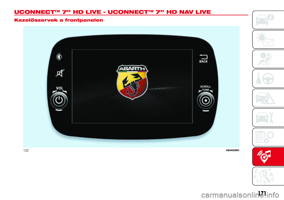 Abarth 500 2017  Kezelési és karbantartási útmutató (in Hungarian) UCONNECT™ 7” HD LIVE - UCONNECT™ 7” HD NAV LIVE.
Kezelőszervek a frontpanelen
122AB0A0399C
171 