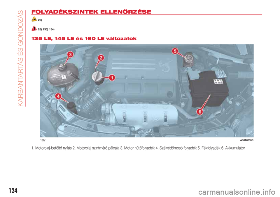 Abarth 500 2018  Kezelési és karbantartási útmutató (in Hungarian) FOLYADÉKSZINTEK ELLENŐRZÉSE
29)
28) 133) 134).
135 LE, 145 LE és 160 LE változatok
1. Motorolaj-betöltő nyílás 2. Motorolaj szintmérő pálcája 3. Motor hűtőfolyadék 4. Szélvédőmosó 
