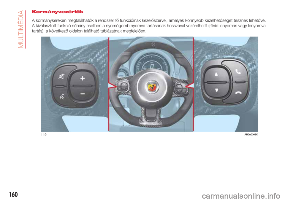 Abarth 500 2018  Kezelési és karbantartási útmutató (in Hungarian) Kormányvezérlők
A kormánykeréken megtalálhatók a rendszer fő funkcióinak kezelőszervei, amelyek könnyebb kezelhetőséget tesznek lehetővé.
A kiválasztott funkció néhány esetben a nyo