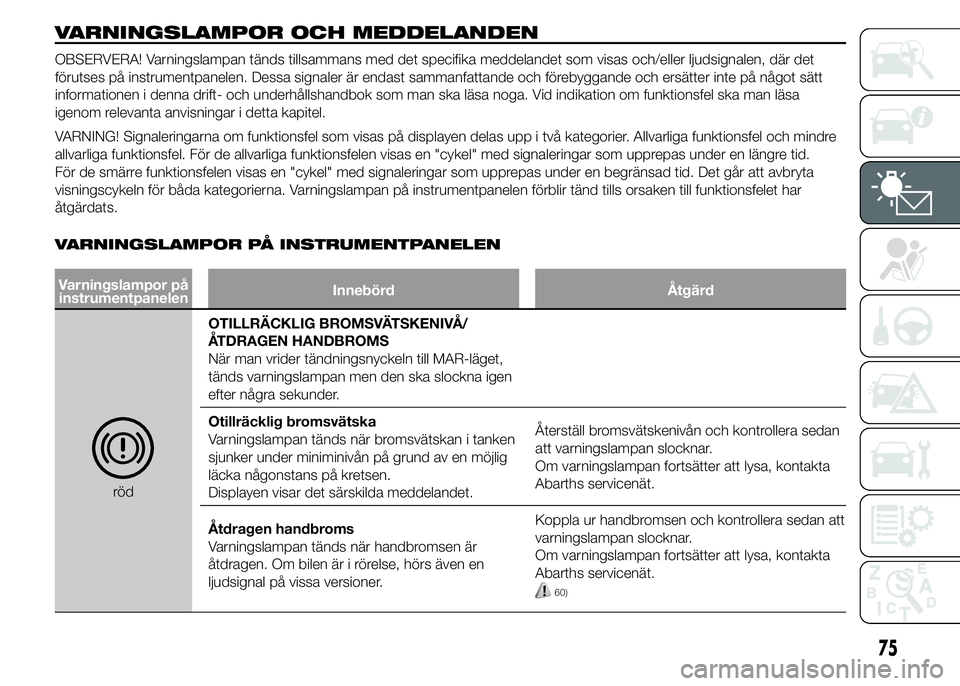 Abarth 500 2016 Drift- och underhållshandbok (in Swedish) VARNINGSLAMPOR OCH MEDDELANDEN
OBSERVERA! Varningslampan tänds tillsammans med det specifika meddelandet som visas och/eller ljudsignalen, där det
förutses på instrumentpanelen. Dessa signaler är Abarth 500 2016 Drift- och underhållshandbok (in Swedish) VARNINGSLAMPOR OCH MEDDELANDEN
OBSERVERA! Varningslampan tänds tillsammans med det specifika meddelandet som visas och/eller ljudsignalen, där det
förutses på instrumentpanelen. Dessa signaler är