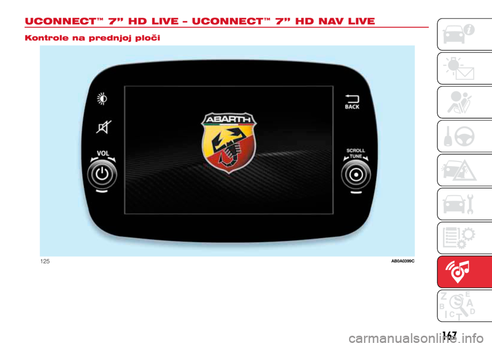 Abarth 500 2016  Knjižica s uputama za uporabu i održavanje (in Croatian) .
Controls on front panel
125AB0A0399C
167167
UCONNECT™ 7” HD LIVE – UCONNECT™ 7” HD NAV LIVE
Kontrole na prednjoj ploči  