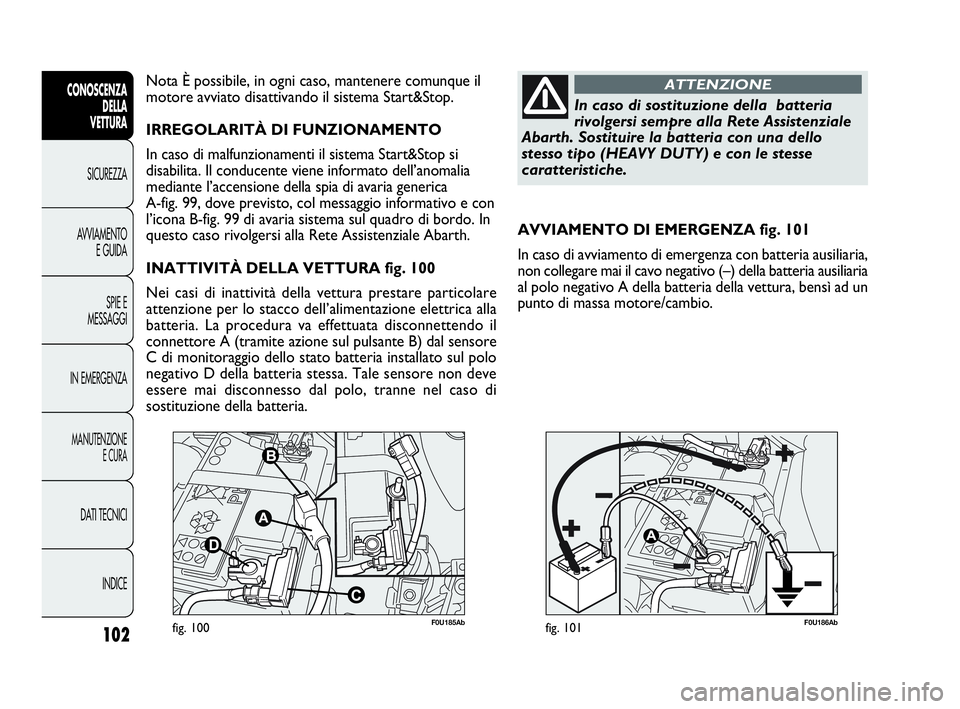 Abarth Punto Evo 2010  Libretto Uso Manutenzione (in Italian) 102
CONOSCENZA
DELLA 
VETTURA
SICUREZZA
AVVIAMENTO
E GUIDA
SPIE E
MESSAGGI
IN EMERGENZA
MANUTENZIONE
E CURA
DATI TECNICI
INDICE
F0U185Abfig. 100F0U186Abfig. 101
AVVIAMENTO DI EMERGENZA fig. 101
In cas