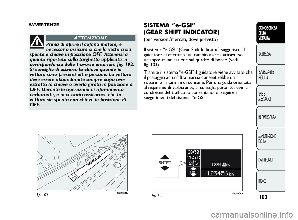 Abarth Punto Evo 2010  Libretto Uso Manutenzione (in Italian) 103
CONOSCENZA
DELLA
VETTURA
SICUREZZA
AVVIAMENTO
E GUIDA
SPIE E
MESSAGGI
IN EMERGENZA
MANUTENZIONE
E CURA
DATI TECNICI
INDICE
F0U099Abfig. 102
AVVERTENZE
Prima di aprire il cofano motore, è
necessar