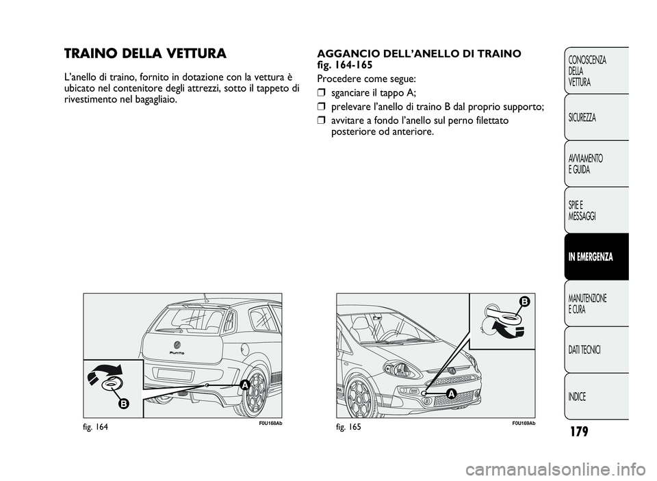 Abarth Punto Evo 2010  Libretto Uso Manutenzione (in Italian) INDICE DATI TECNICI
MANUTENZIONE
ECURA
INEMERGENZA
SPIE E
MESSAGGI AVVIAMENTO
E GUIDA SICUREZZA CONOSCENZA
DELLA
VETTURA
179
F0U169Abfig. 165
AGGANCIO DELL’ANELLO DI TRAINO
fig. 164-165
Procedere co