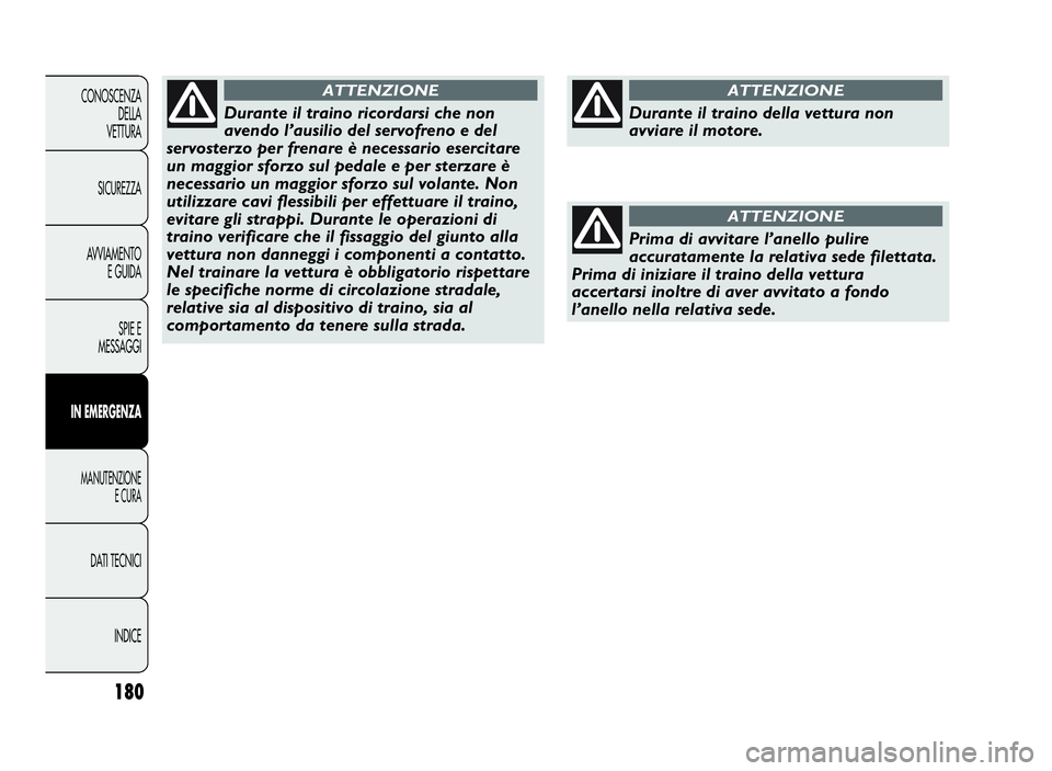 Abarth Punto Evo 2010  Libretto Uso Manutenzione (in Italian) INDICE DATI TECNICI
MANUTENZIONE
E CURA
INEMERGENZA
SPIE E
MESSAGGI AVVIAMENTO
E GUIDA SICUREZZA CONOSCENZA
DELLA
VETTURA
180
Durante il traino ricordarsi che non
avendo l’ausilio del servofreno e d
