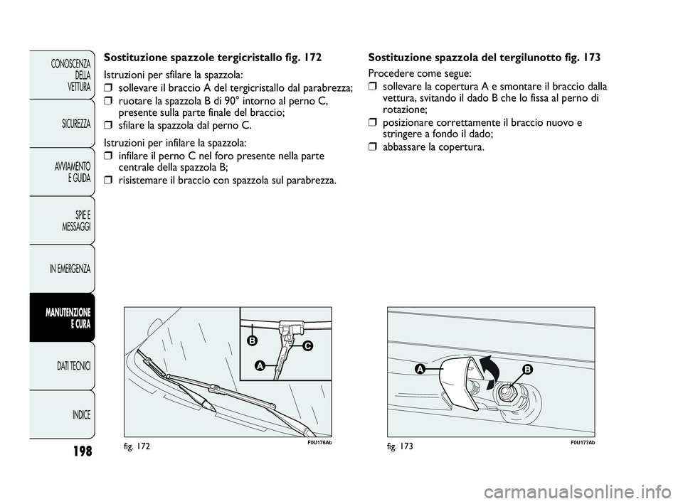 Abarth Punto Evo 2010  Libretto Uso Manutenzione (in Italian) F0U177Abfig. 173198
CONOSCENZA
DELLA 
VETTURA
SICUREZZA
AVVIAMENTO
E GUIDA
SPIE E
MESSAGGI
IN EMERGENZA
MANUTENZIONE
E CURA
DATI TECNICI
INDICE
F0U176Abfig. 172
Sostituzione spazzole tergicristallo fi