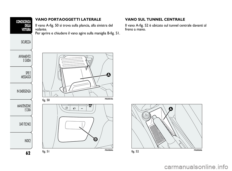 Abarth Punto Evo 2010  Libretto Uso Manutenzione (in Italian) 62
CONOSCENZA
DELLA 
VETTURA
SICUREZZA
AVVIAMENTO
E GUIDA
SPIE E
MESSAGGI
IN EMERGENZA
MANUTENZIONE
E CURA
DATI TECNICI
INDICE
F0U051Abfig. 50
F0U050Abfig. 51
VANO PORTAOGGETTI LATERALE
Il vano A-fig.