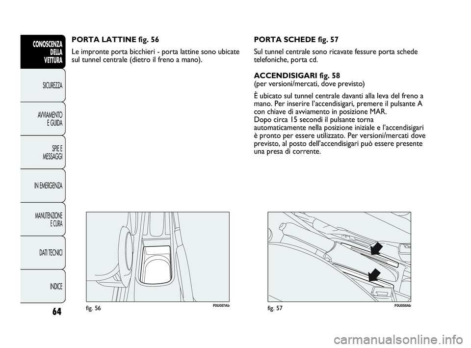 Abarth Punto Evo 2010  Libretto Uso Manutenzione (in Italian) 64
CONOSCENZA
DELLA 
VETTURA
SICUREZZA
AVVIAMENTO
E GUIDA
SPIE E
MESSAGGI
IN EMERGENZA
MANUTENZIONE
E CURA
DATI TECNICI
INDICE
F0U057Abfig. 56
PORTA LATTINE fig. 56
Le impronte porta bicchieri - porta