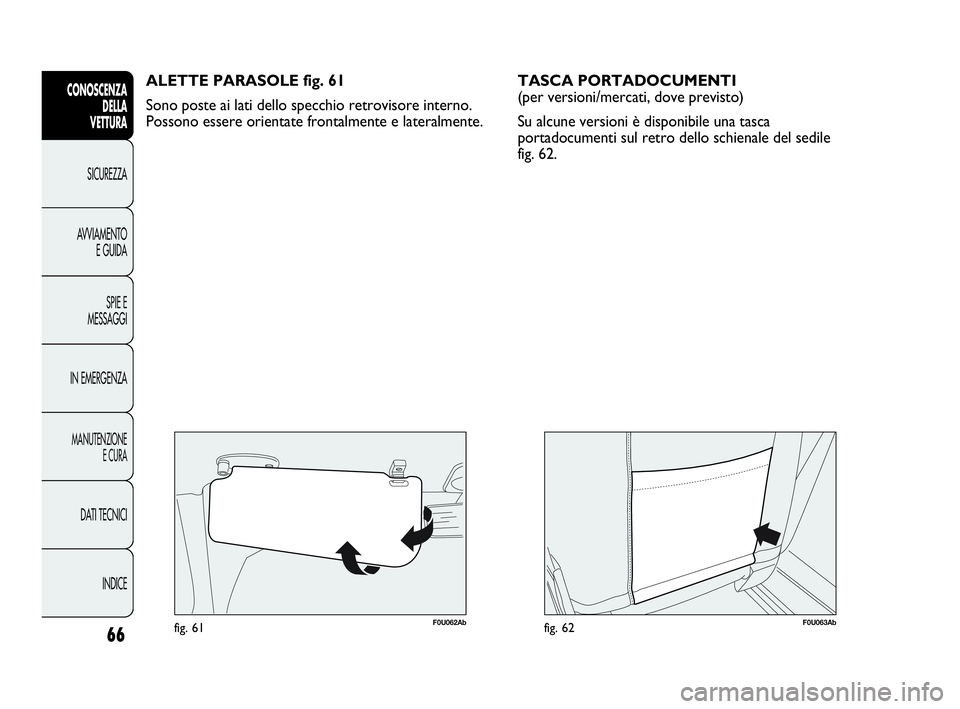 Abarth Punto Evo 2010  Libretto Uso Manutenzione (in Italian) 66
CONOSCENZA
DELLA 
VETTURA
SICUREZZA
AVVIAMENTO
E GUIDA
SPIE E
MESSAGGI
IN EMERGENZA
MANUTENZIONE
E CURA
DATI TECNICI
INDICE
F0U062Abfig. 61
ALETTE PARASOLE fig. 61
Sono poste ai lati dello specchio