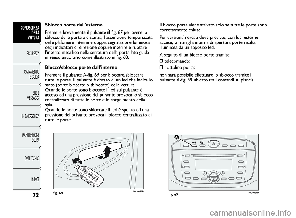 Abarth Punto Evo 2010  Libretto Uso Manutenzione (in Italian) 72
CONOSCENZA
DELLA 
VETTURA
SICUREZZA
AVVIAMENTO
E GUIDA
SPIE E
MESSAGGI
IN EMERGENZA
MANUTENZIONE
E CURA
DATI TECNICI
INDICE
F0U069Abfig. 69F0U068Abfig. 68
Sblocco porte dall’esterno
Premere breve