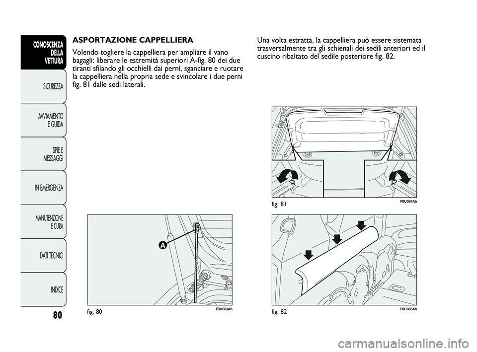 Abarth Punto Evo 2010  Libretto Uso Manutenzione (in Italian) 80
CONOSCENZA
DELLA 
VETTURA
SICUREZZA
AVVIAMENTO
E GUIDA
SPIE E
MESSAGGI
IN EMERGENZA
MANUTENZIONE
E CURA
DATI TECNICI
INDICE
ASPORTAZIONE CAPPELLIERA
Volendo togliere la cappelliera per ampliare il 