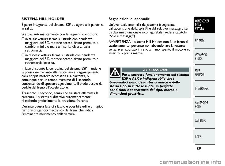 Abarth Punto Evo 2010  Libretto Uso Manutenzione (in Italian) 89
CONOSCENZA
DELLA
VETTURA
SICUREZZA
AVVIAMENTO
E GUIDA
SPIE E
MESSAGGI
IN EMERGENZA
MANUTENZIONE
E CURA
DATI TECNICI
INDICE
SISTEMA HILL HOLDER 
È parte integrante del sistema ESP ed agevola la par
