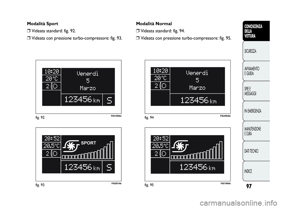 Abarth Punto Evo 2010  Libretto Uso Manutenzione (in Italian) 97
CONOSCENZA
DELLA
VETTURA
SICUREZZA
AVVIAMENTO
E GUIDA
SPIE E
MESSAGGI
IN EMERGENZA
MANUTENZIONE
E CURA
DATI TECNICI
INDICE
F0U201Abfig. 93
F0U199Abifig. 92
F0U196Abfig. 95
F0U200Abifig. 94
Modalit