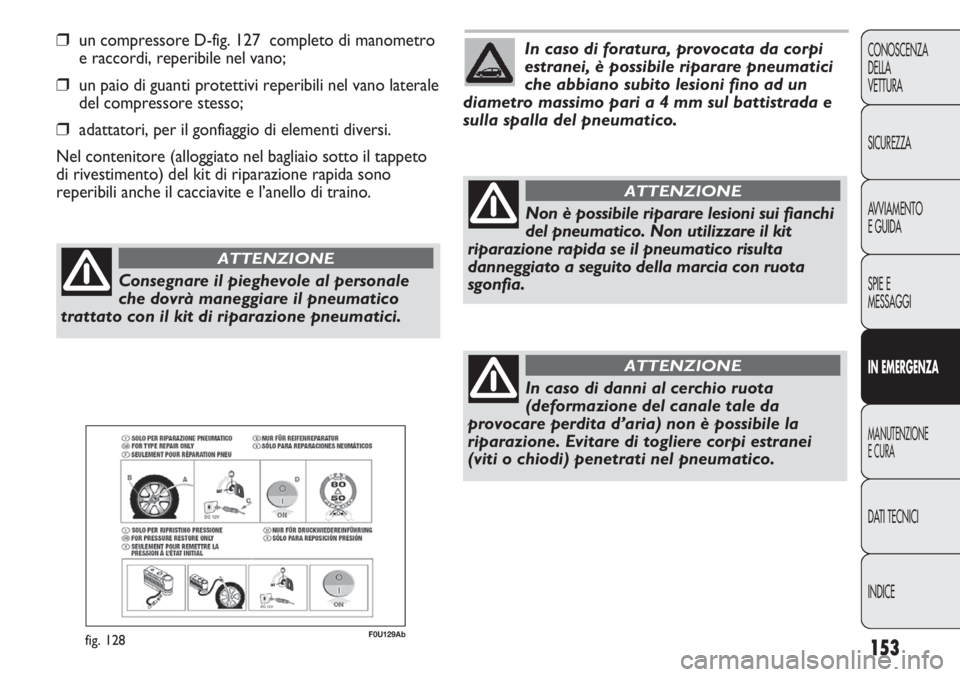 Abarth Punto Evo 2012 Libretto Uso Manutenzione (in Italian) INDICE DATI TECNICI
MANUTENZIONE
E CURA
IN EMERGENZA
SPIE E
MESSAGGI AVVIAMENTO
E GUIDA SICUREZZA CONOSCENZA
DELLA
VETTURA
153
❒un compressore D-fig. 127 completo di manometro
e raccordi, reperibil Abarth Punto Evo 2012 Libretto Uso Manutenzione (in Italian) INDICE DATI TECNICI
MANUTENZIONE
E CURA
IN EMERGENZA
SPIE E
MESSAGGI AVVIAMENTO
E GUIDA SICUREZZA CONOSCENZA
DELLA
VETTURA
153
❒un compressore D-fig. 127 completo di manometro
e raccordi, reperibil