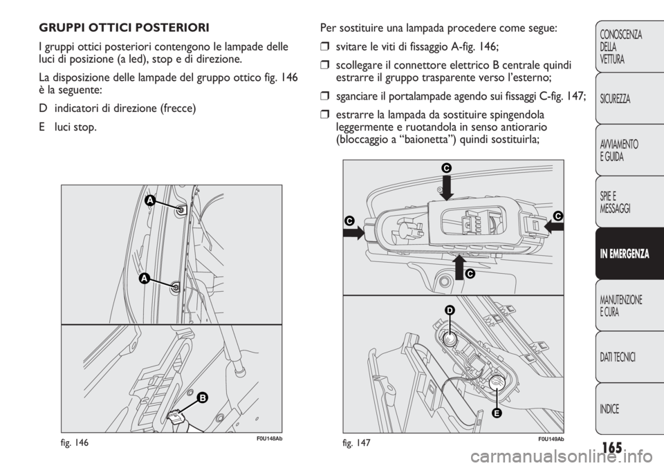 Abarth Punto Evo 2012  Libretto Uso Manutenzione (in Italian) 165
CONOSCENZA
DELLA
VETTURA
SICUREZZA
AVVIAMENTO
E GUIDA
SPIE E
MESSAGGI
IN EMERGENZA
MANUTENZIONE
E CURA
DATI TECNICI
INDICE
GRUPPI OTTICI POSTERIORI 
I gruppi ottici posteriori contengono le lampad