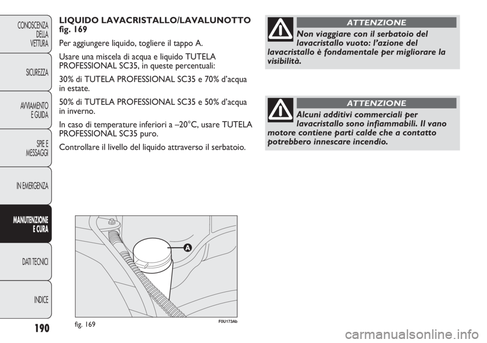 Abarth Punto Evo 2012  Libretto Uso Manutenzione (in Italian) F0U173Abfig. 169190
CONOSCENZA
DELLA
VETTURA
SICUREZZA
AVVIAMENTO
E GUIDA
SPIE E
MESSAGGI
IN EMERGENZA
MANUTENZIONE
E CURA
DATI TECNICI
INDICE
LIQUIDO LAVACRISTALLO/LAVALUNOTTO
fig. 169
Per aggiungere