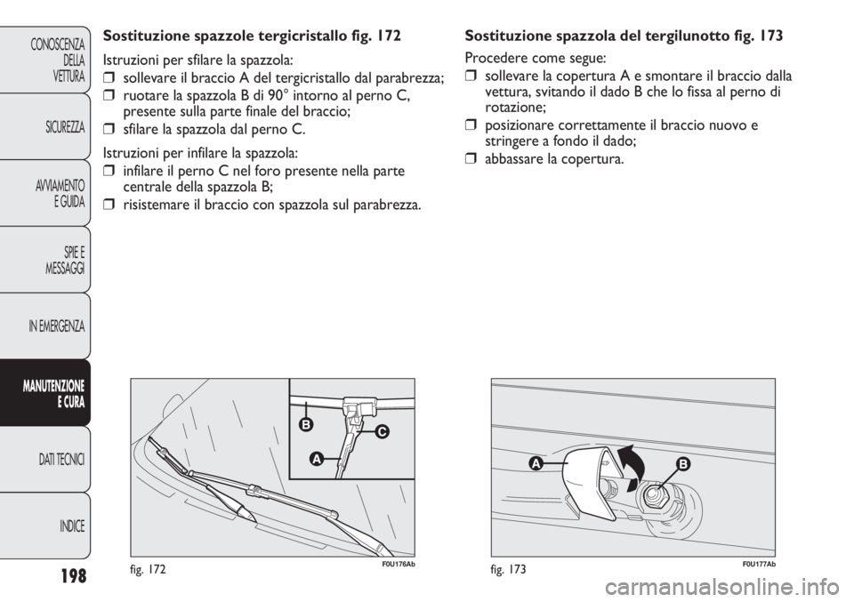 Abarth Punto Evo 2012  Libretto Uso Manutenzione (in Italian) F0U177Abfig. 173198
CONOSCENZA
DELLA
VETTURA
SICUREZZA
AVVIAMENTO
E GUIDA
SPIE E
MESSAGGI
IN EMERGENZA
MANUTENZIONE
E CURA
DATI TECNICI
INDICE
F0U176Abfig. 172
Sostituzione spazzole tergicristallo fig