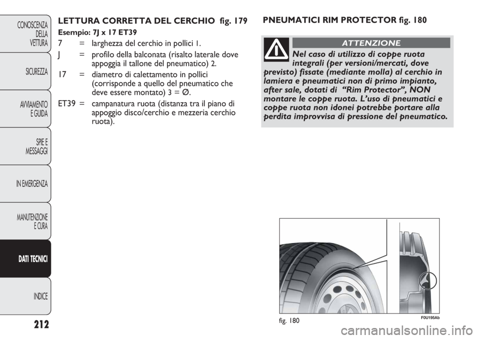 Abarth Punto Evo 2012  Libretto Uso Manutenzione (in Italian) 212
CONOSCENZA
DELLA
VETTURA
SICUREZZA
AVVIAMENTO
E GUIDA
SPIE E
MESSAGGI
IN EMERGENZA
MANUTENZIONE
E CURA
DATI TECNICI
INDICE
LETTURA CORRETTA DEL CERCHIO  fig. 179
Esempio: 7J x 17 ET39 
7 = larghez