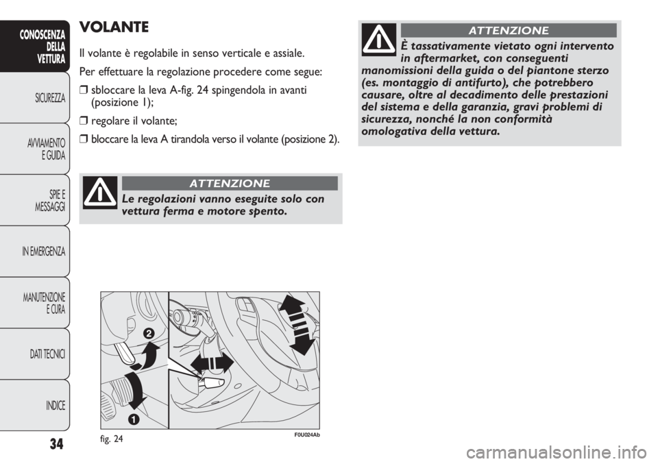 Abarth Punto Evo 2012  Libretto Uso Manutenzione (in Italian) Le regolazioni vanno eseguite solo con
vettura ferma e motore spento.
ATTENZIONE
INDICE DATI TECNICI
MANUTENZIONE
E CURA
IN EMERGENZASPIE E
MESSAGGI AVVIAMENTO
E GUIDA SICUREZZA
CONOSCENZA
DELLA
VETTU