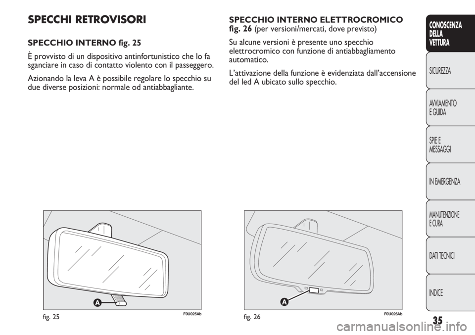 Abarth Punto Evo 2012  Libretto Uso Manutenzione (in Italian) INDICE DATI TECNICI
MANUTENZIONE
E CURA
IN EMERGENZA SPIE E
MESSAGGI AVVIAMENTO
E GUIDA SICUREZZA
CONOSCENZA
DELLA
VETTURA
35
SPECCHIO INTERNO ELETTROCROMICO
fig. 26 (per versioni/mercati, dove previs